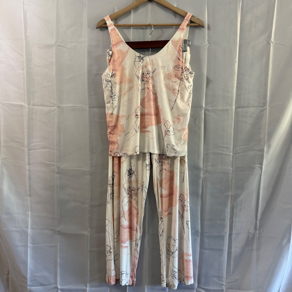 Soma Sunday Intimates Pink Watercolor Line Art Face Floral Pajama Set Medium
